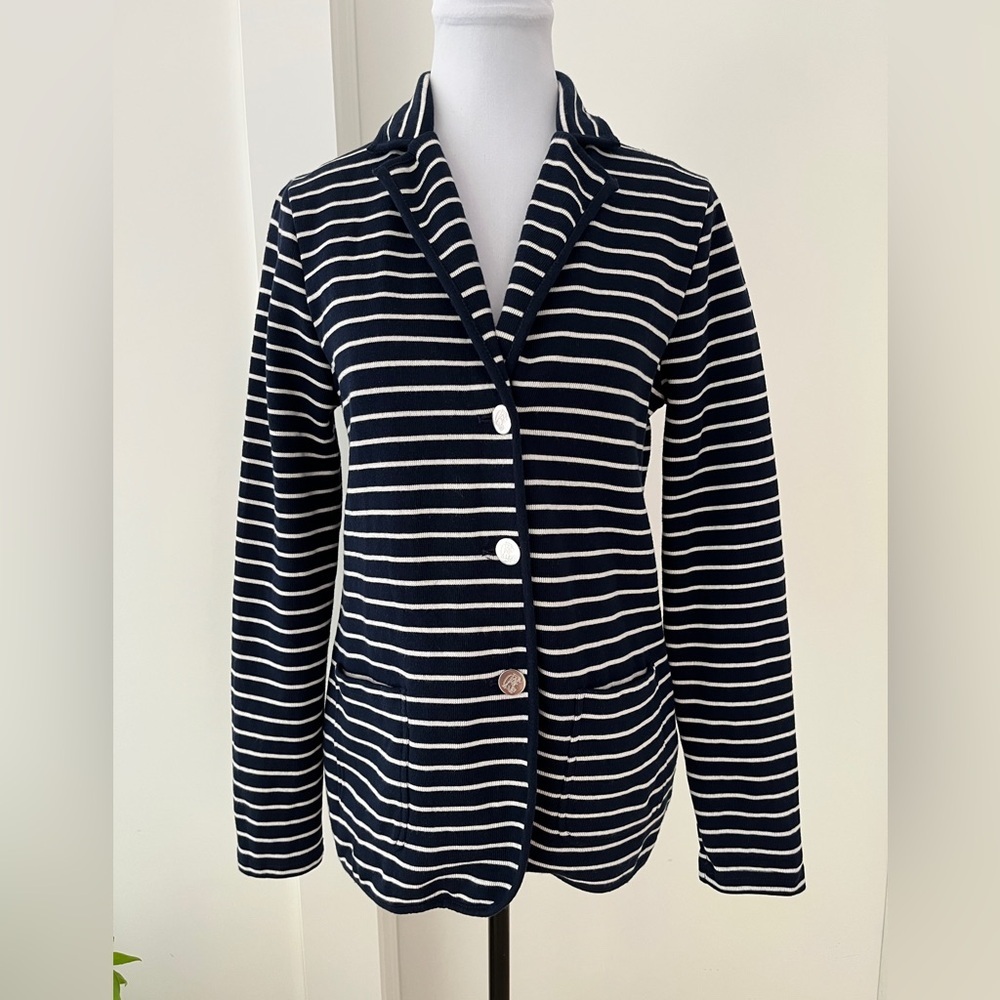 CHAPS Button Front Knit Blazer Navy White Stripe Silver Tone Buttons Nautical